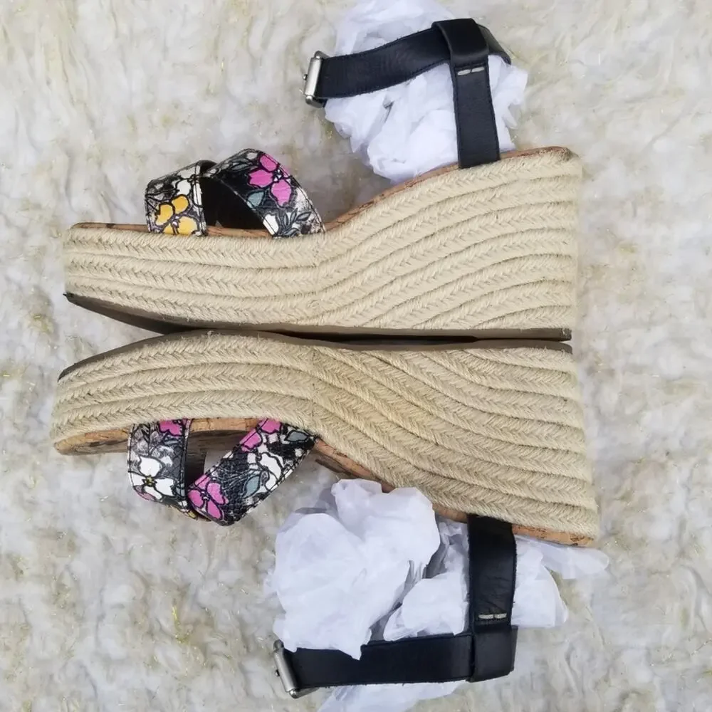 Platform Wedge Espadrille Sandals Sam Edelman Destin Size 10 Black Leather Strap